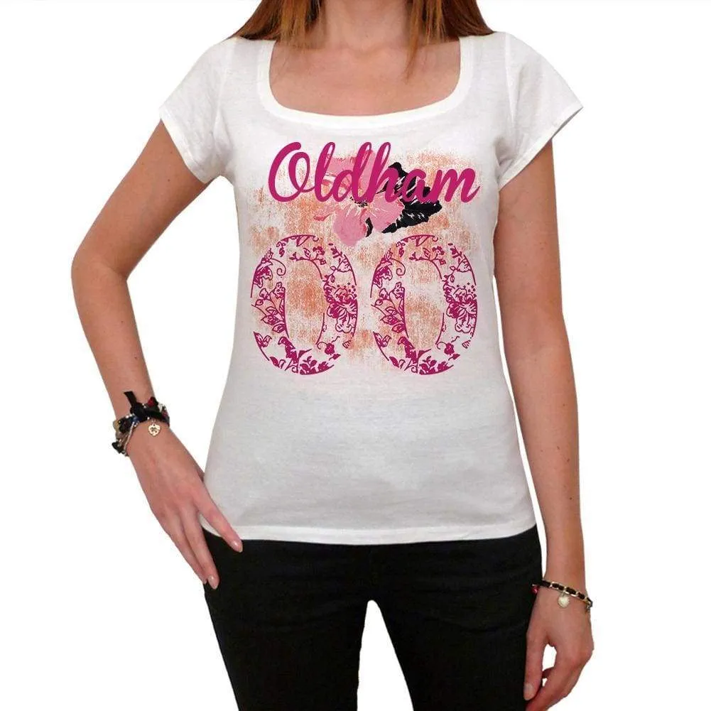 00, Oldham, City With Number, Women's Short Sleeve Round White T-shirt 00008