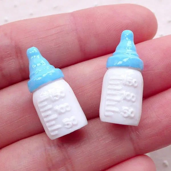 3D Baby Bottle Cabochons (2pcs / 11mm x 23mm / Blue) Baby Boy Shower Embellishment Table Scatter Decoden Dollhouse Miniature Bottles CAB519