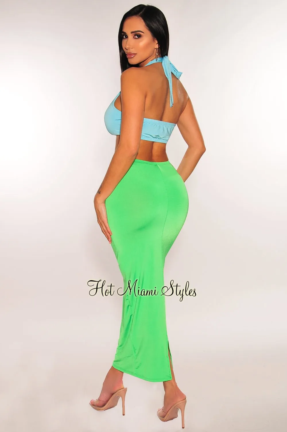 Blue Green Halter O Ring Cut Out Slit Midi Dress