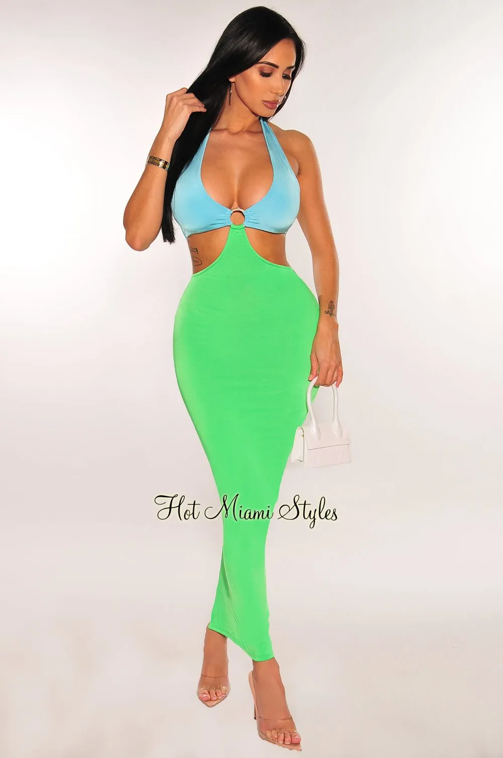 Blue Green Halter O Ring Cut Out Slit Midi Dress