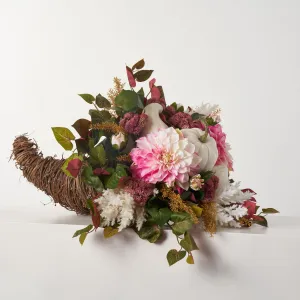 Blushing Fall - Pink Dahlia, Pampas Grass & Rhubarb Ivy Thanksgiving Cornucopia Centerpiece Basket with Handle- 3 Size Options