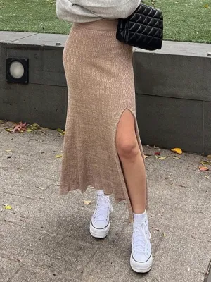 Casual Solid Warm Knitted Split Skirt Elegant Fashion Slim High Waisted Maxi Skirts Women Autumn Winter Streetwear