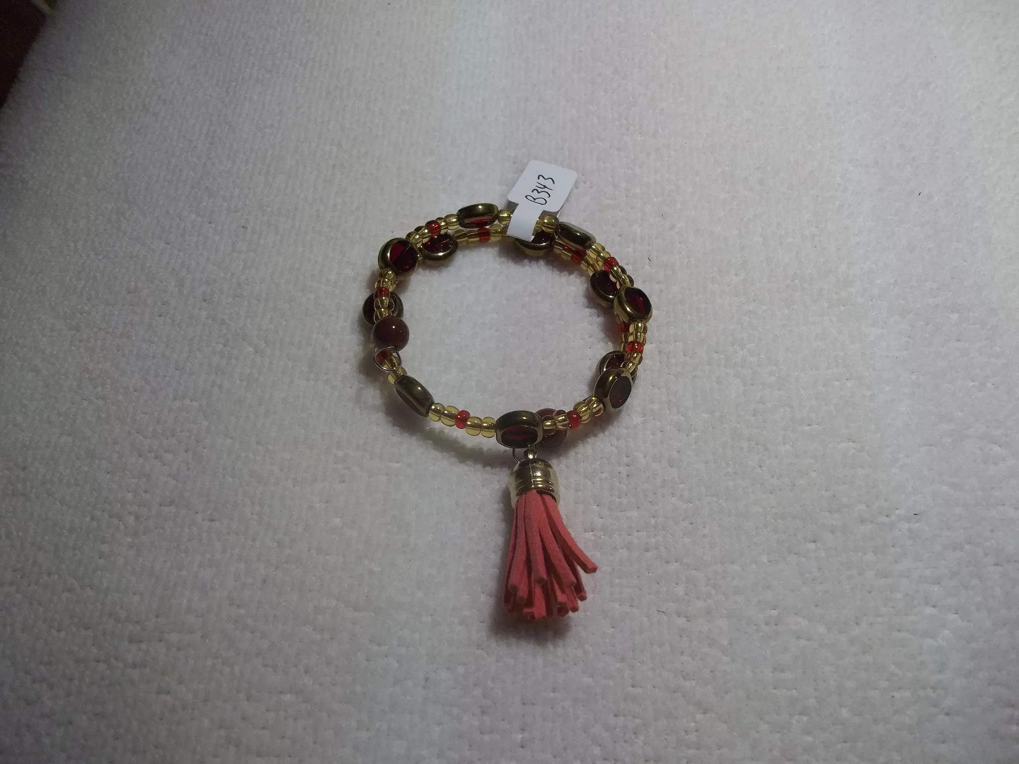 Memory Wire Gold Red Glass Bead Red Tassel Bracelet (B343)