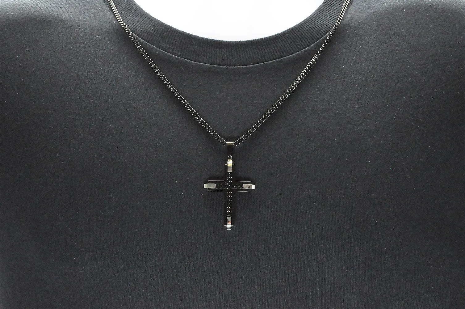 Mens Black Stainless Steel Cross Pendant Necklace With Franco Link Chain Inlay