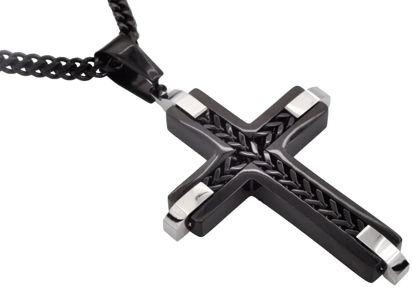 Mens Black Stainless Steel Cross Pendant Necklace With Franco Link Chain Inlay