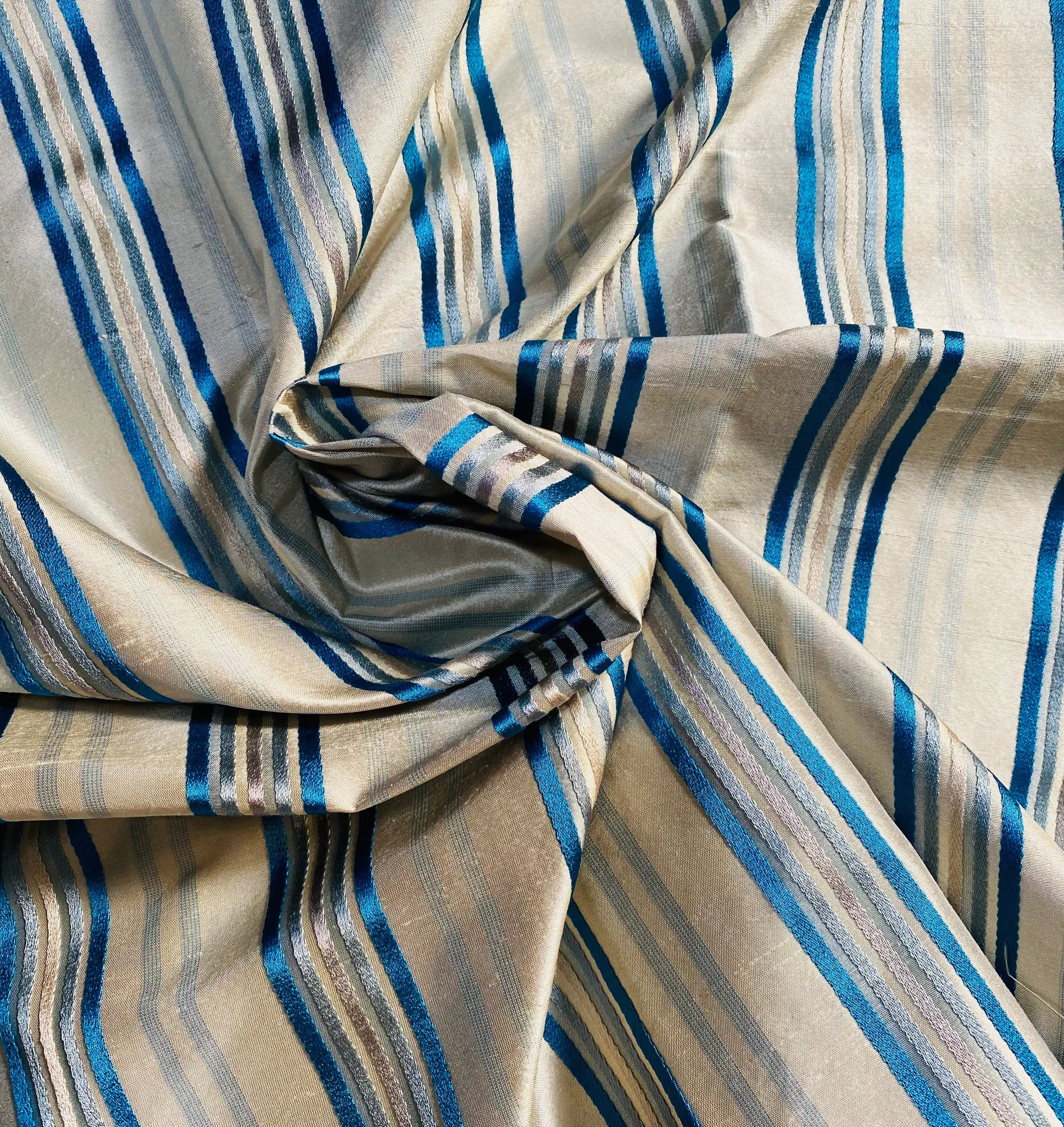 NEW Miss Charlotte 100% Silk Dupioni Fabric - Cream White with Jewel Blue Stripes