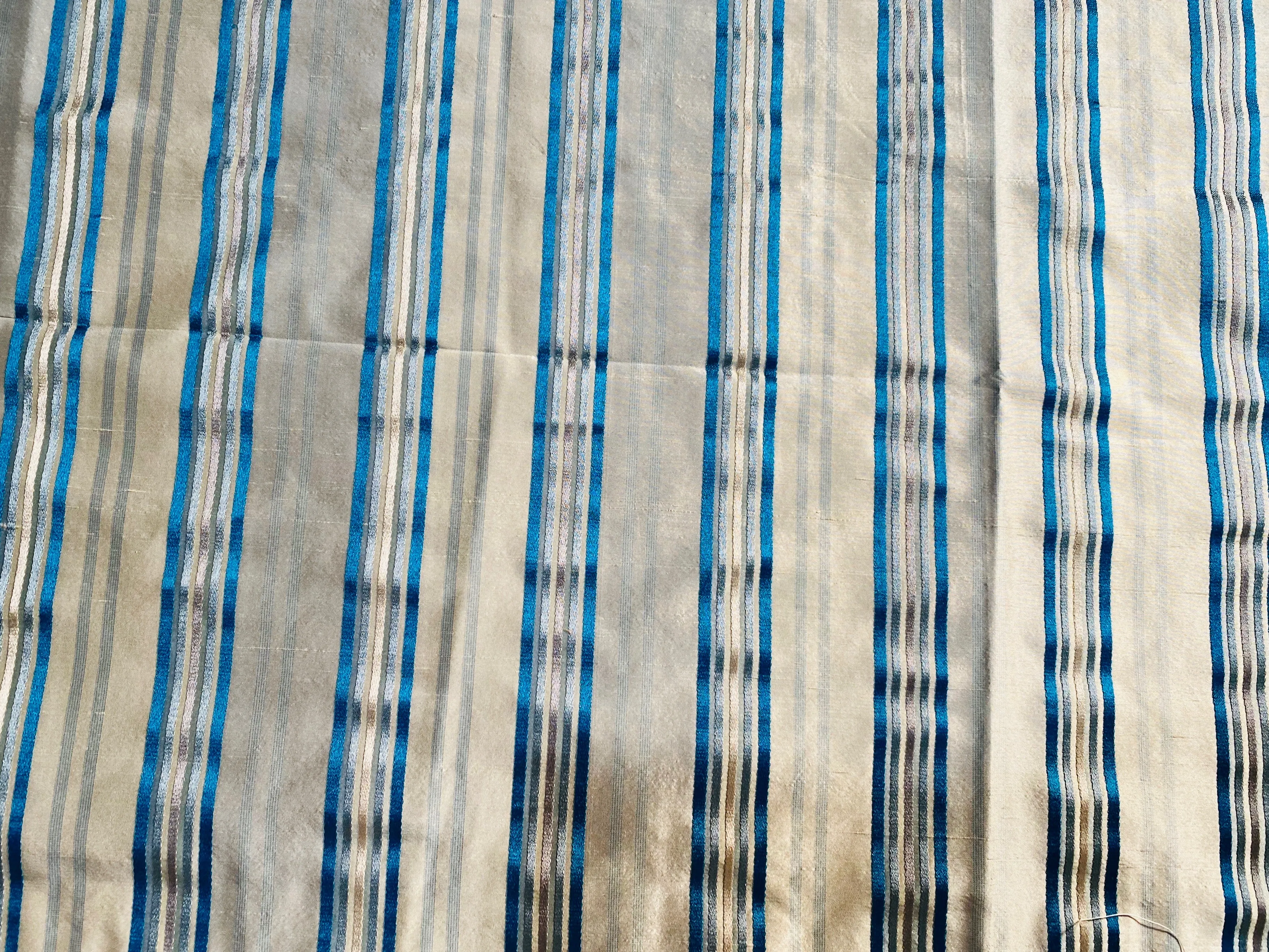 NEW Miss Charlotte 100% Silk Dupioni Fabric - Cream White with Jewel Blue Stripes