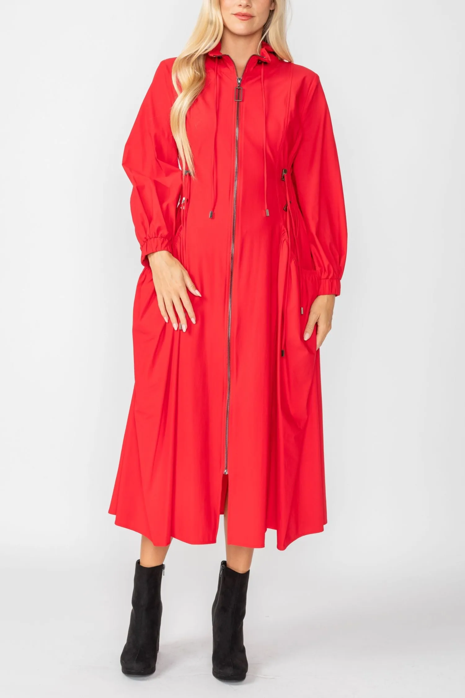 Red Draw Stand Collar Side Drawed Shirring Long Jacket