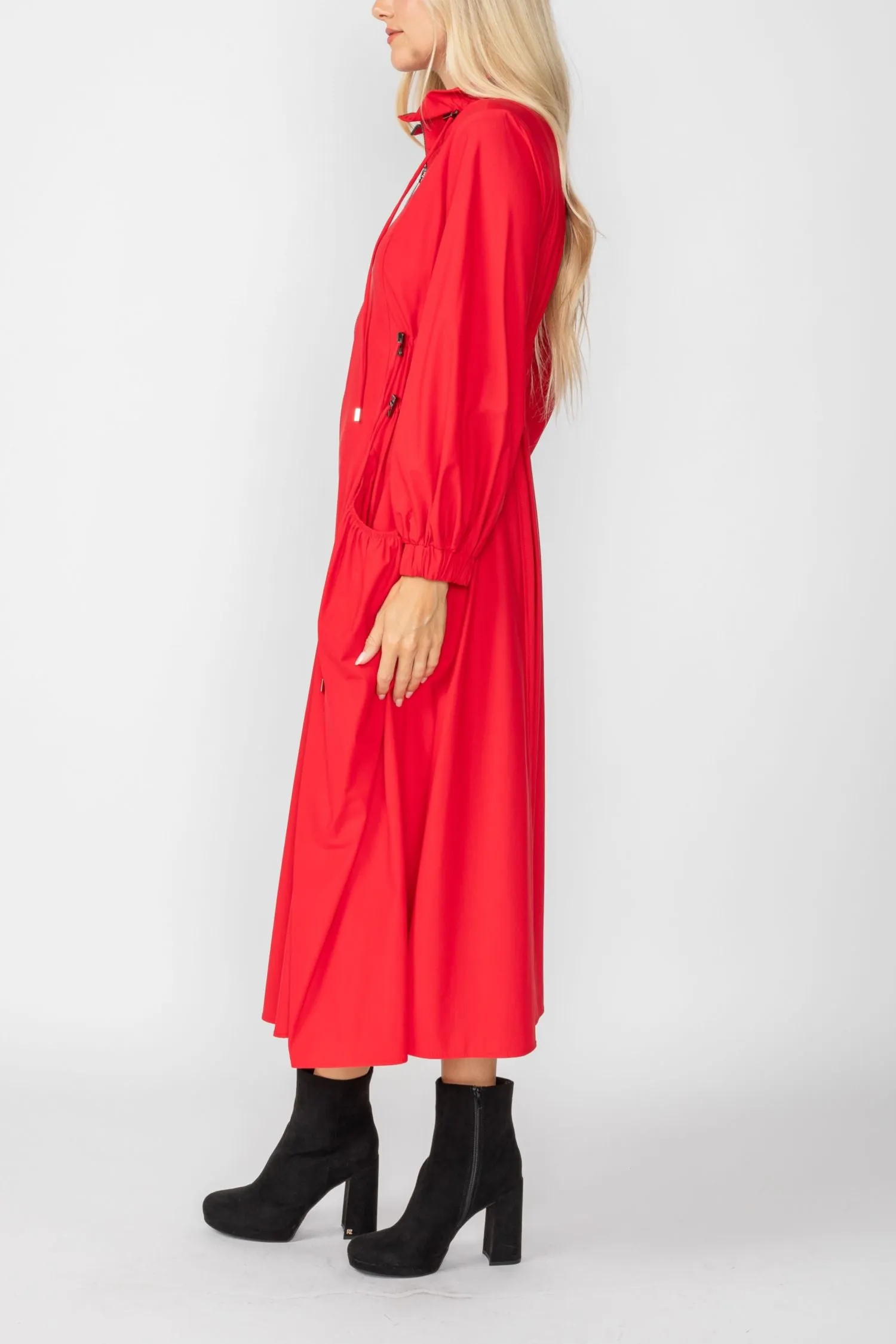 Red Draw Stand Collar Side Drawed Shirring Long Jacket