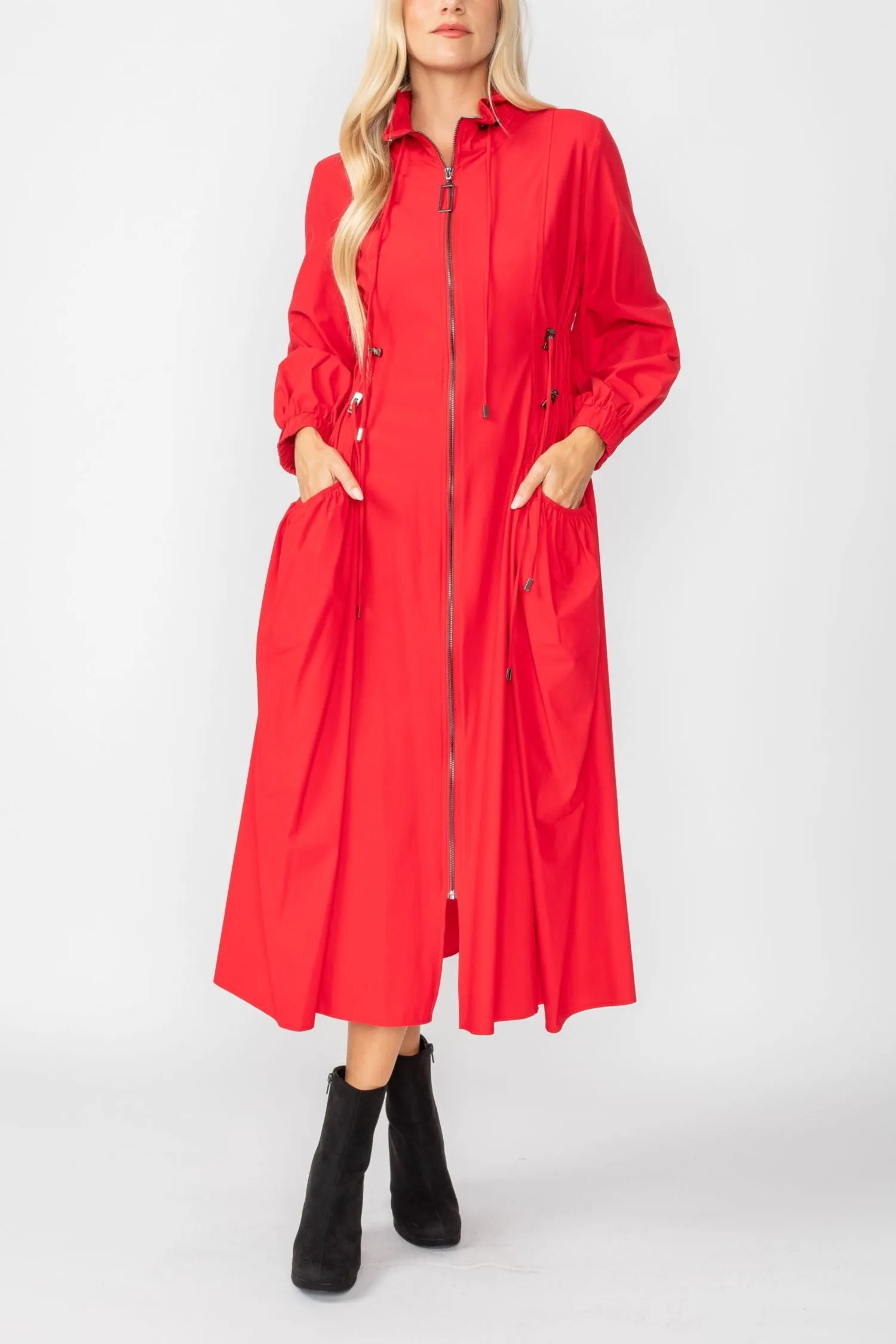 Red Draw Stand Collar Side Drawed Shirring Long Jacket