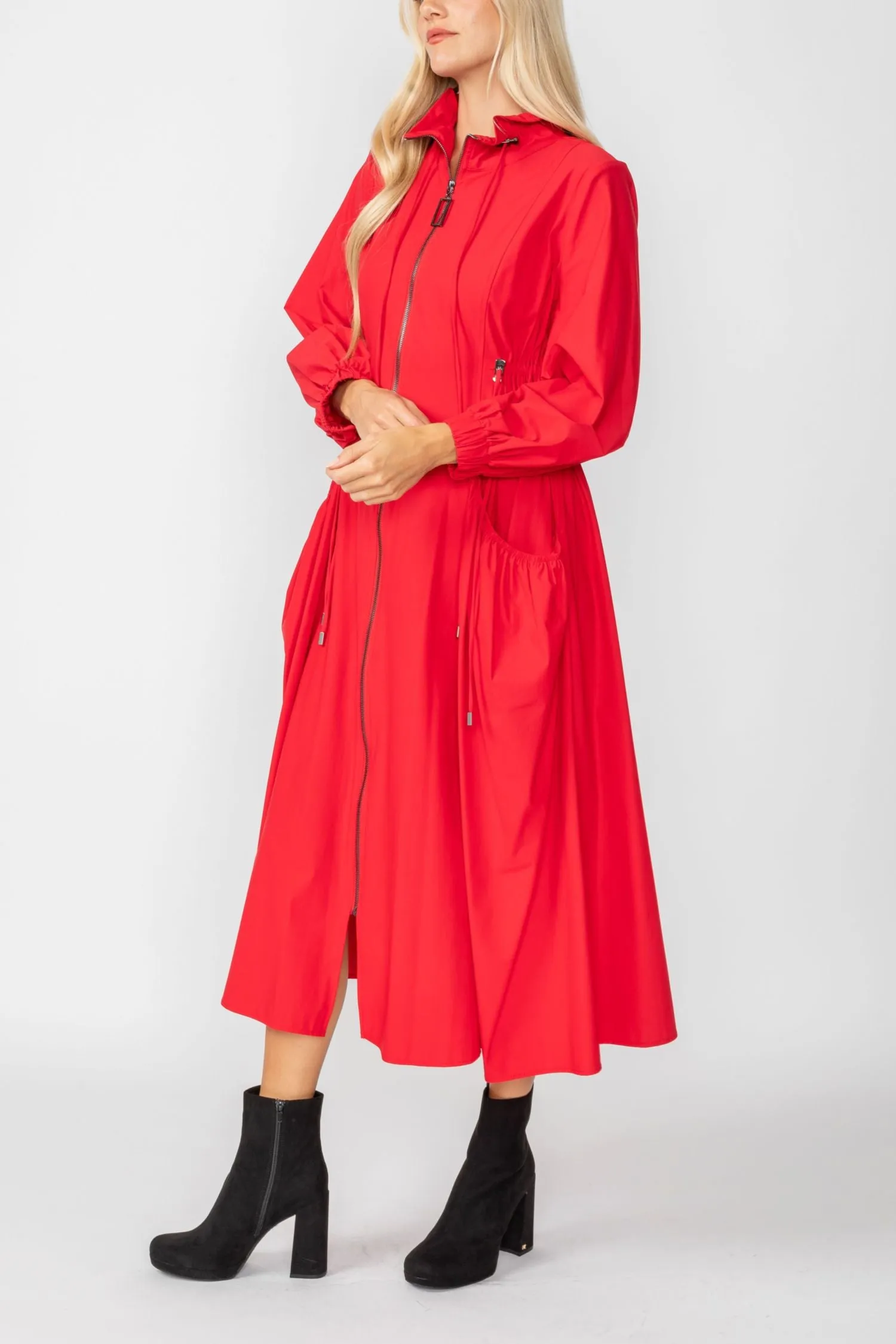 Red Draw Stand Collar Side Drawed Shirring Long Jacket